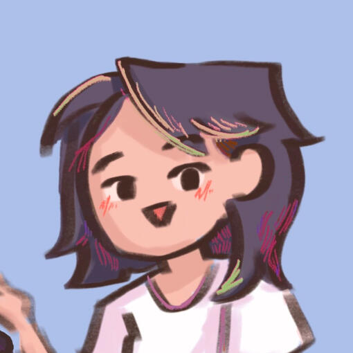 Drawing of a person with blue hair smiling.